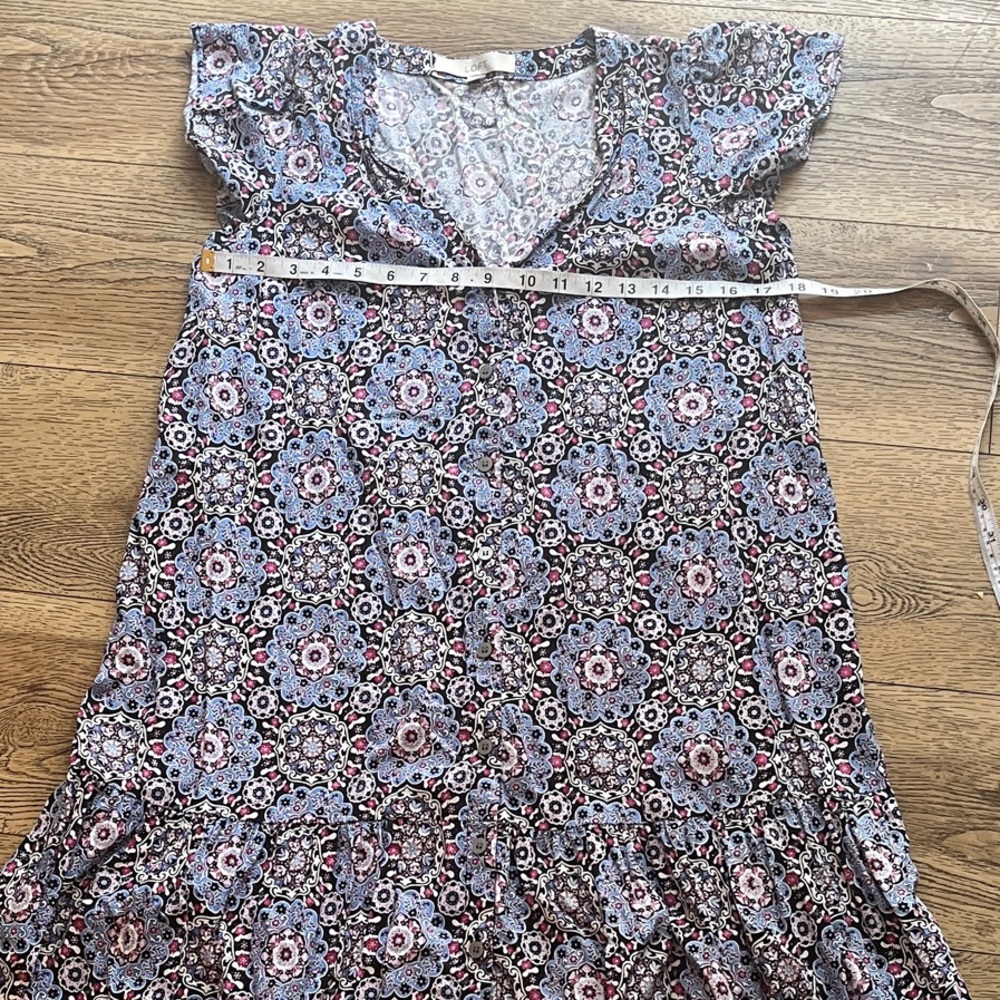 LOFT Blue and Pink Patterned Midi Dress button down V neck